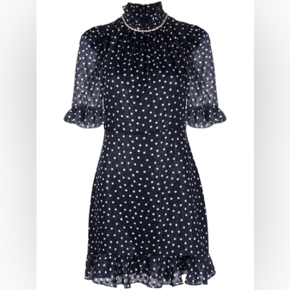 SANDRO PEARL CRYSTAL DETAIL METALLIC POLKA DOT DRESS IN MARINE